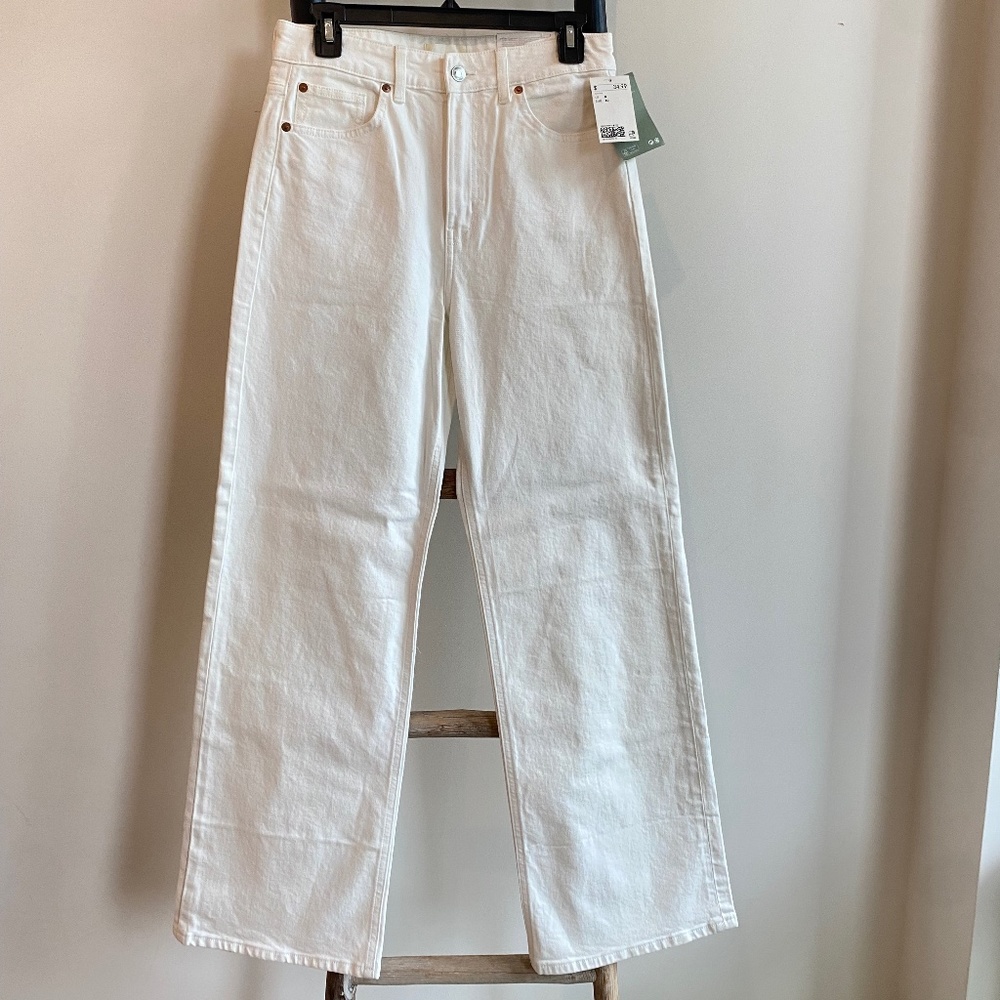 H&M White Denim High Waisted Wide Leg Stretch NWT 8